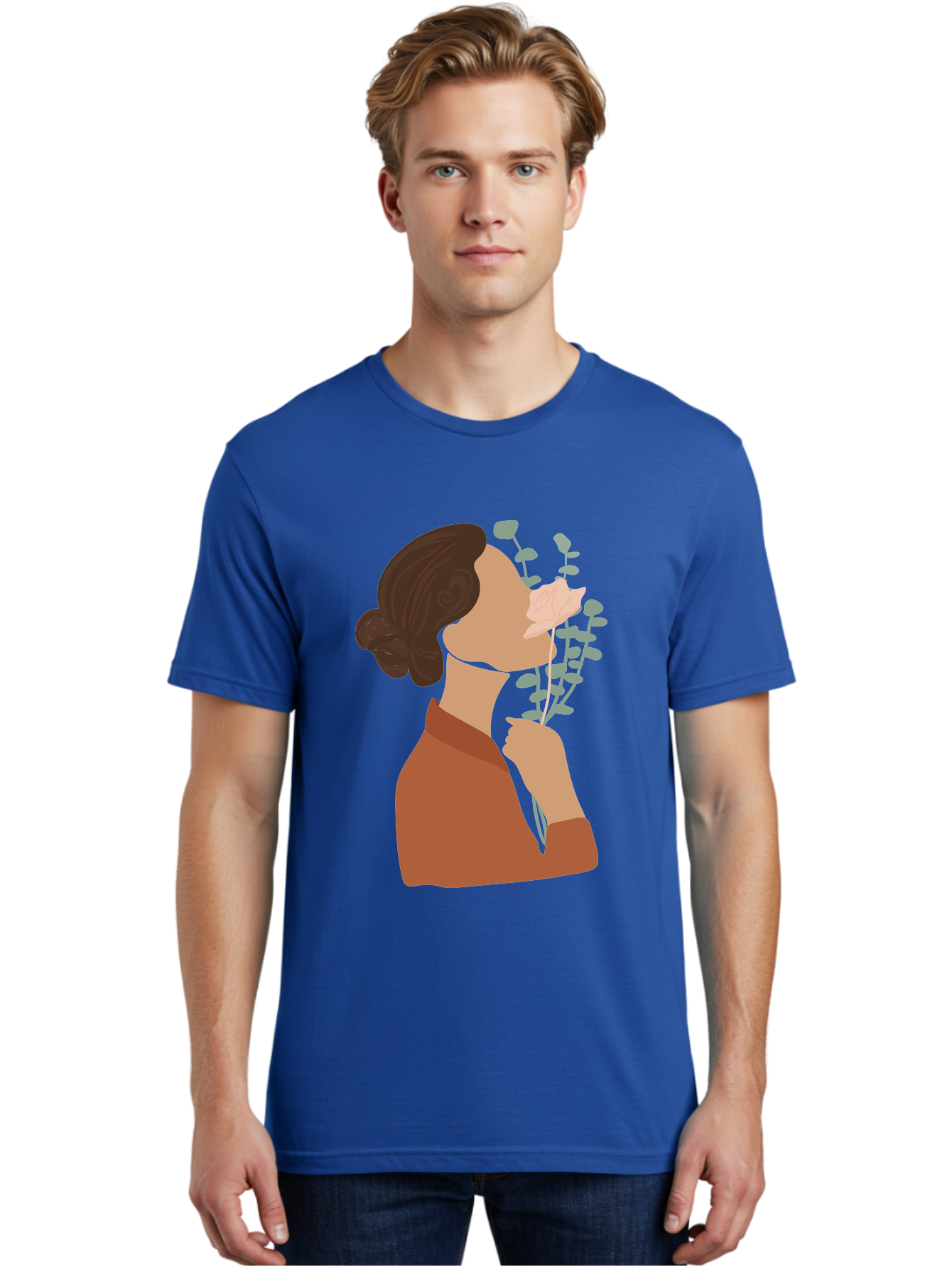 Woman-Smelling-Flower Men'S Graphic Tee, 100% Cotton, Comfortable Casual Summer Wear, Machine Washable, Woman Smelling Flowers, Blooming Flowers, Floral Scent, Serene Atmosphere, Gentle Gesture, Digital Illustration, Modern Art, Aae068
