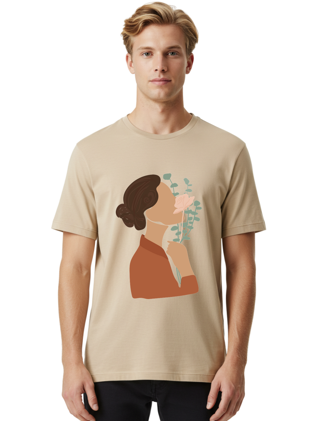 Woman-Smelling-Flower Men'S Graphic Tee, 100% Cotton, Comfortable Casual Summer Wear, Machine Washable, Woman Smelling Flowers, Blooming Flowers, Floral Scent, Serene Atmosphere, Gentle Gesture, Digital Illustration, Modern Art, Aae068