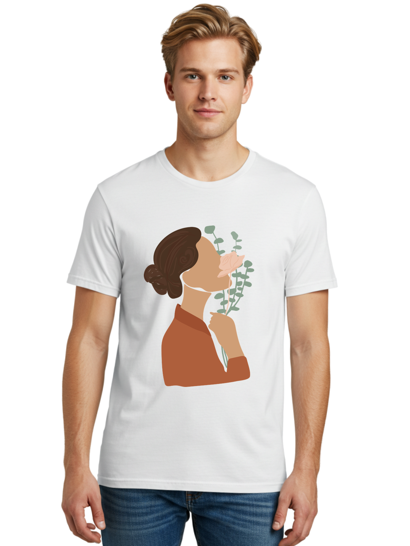 Woman-Smelling-Flower Men'S Graphic Tee, 100% Cotton, Comfortable Casual Summer Wear, Machine Washable, Woman Smelling Flowers, Blooming Flowers, Floral Scent, Serene Atmosphere, Gentle Gesture, Digital Illustration, Modern Art, Aae068