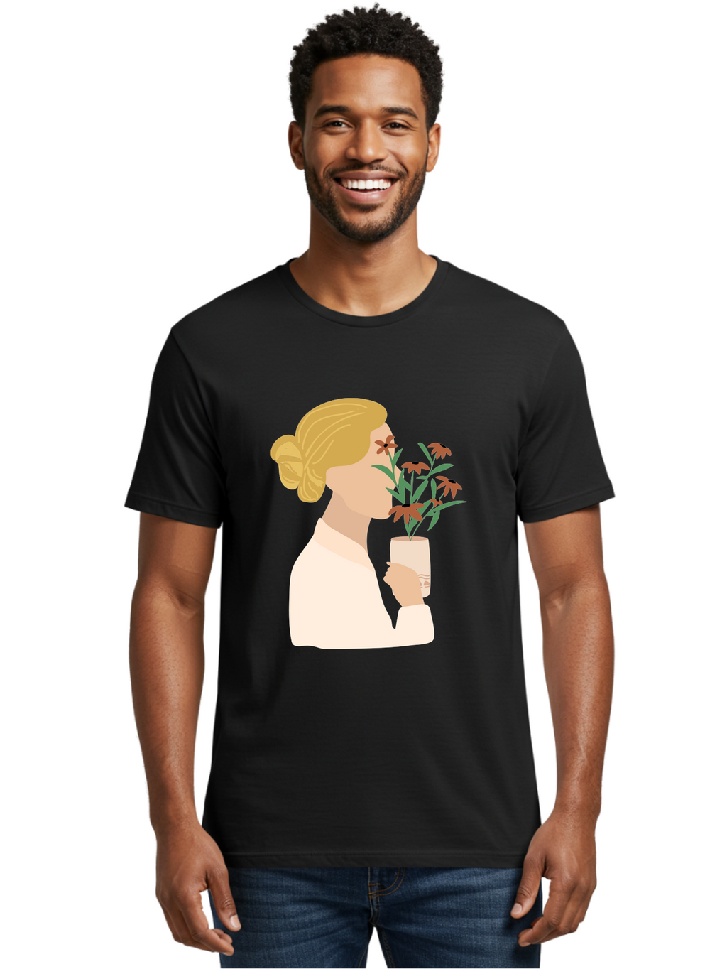 Woman-Smelling-Flowers Men'S Graphic Tee, 100% Cotton, Comfortable Casual Summer Wear, Machine Washable, Woman Smelling Flowers, Blossoming Blooms, Floral Beauty, Serene Atmosphere, Elegant Woman, Delicate Flowers, Calm Ambiance, Gentle Moment Aae069