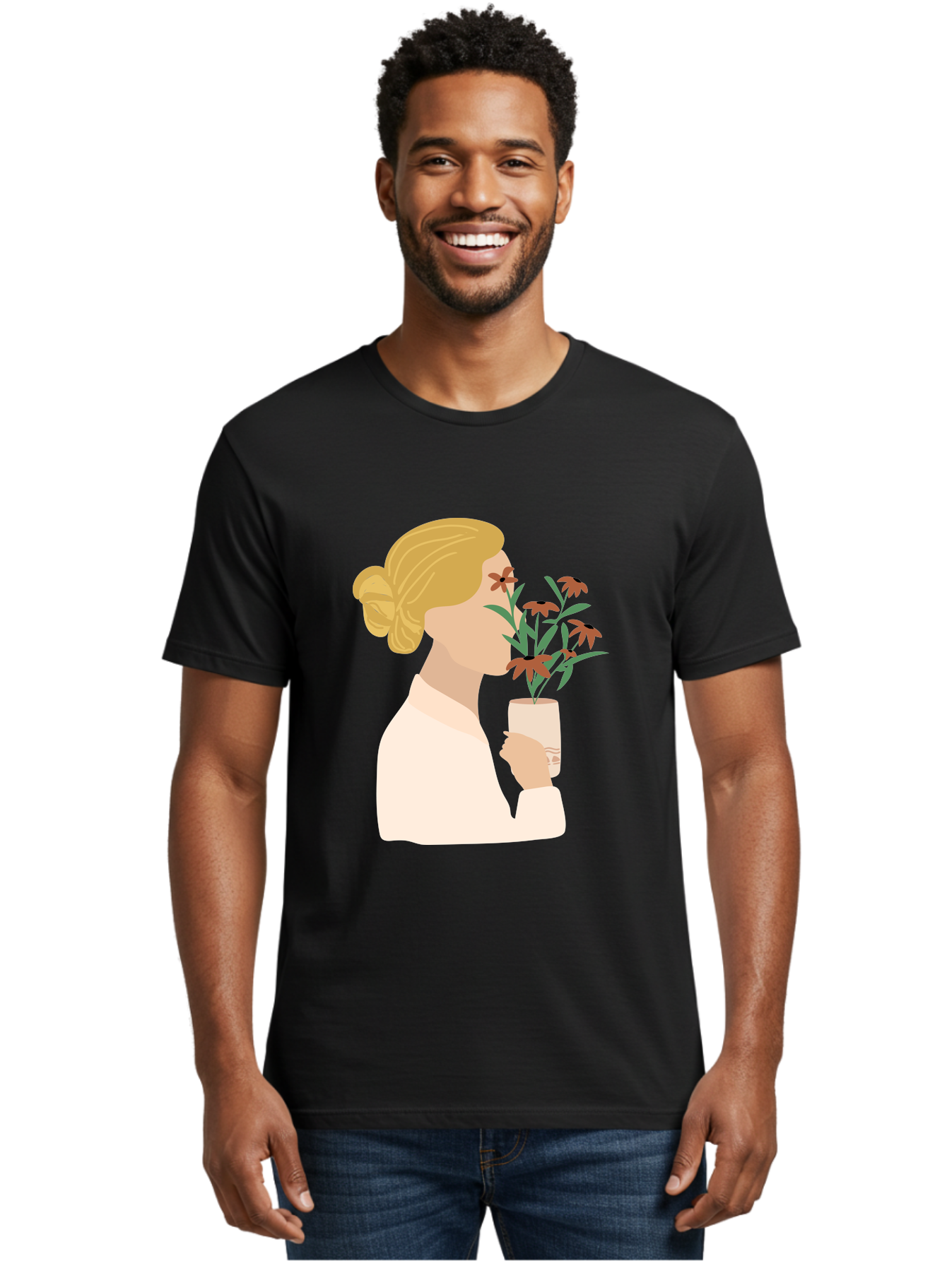 Woman-Smelling-Flowers Men'S Graphic Tee, 100% Cotton, Comfortable Casual Summer Wear, Machine Washable, Woman Smelling Flowers, Blossoming Blooms, Floral Beauty, Serene Atmosphere, Elegant Woman, Delicate Flowers, Calm Ambiance, Gentle Moment Aae069