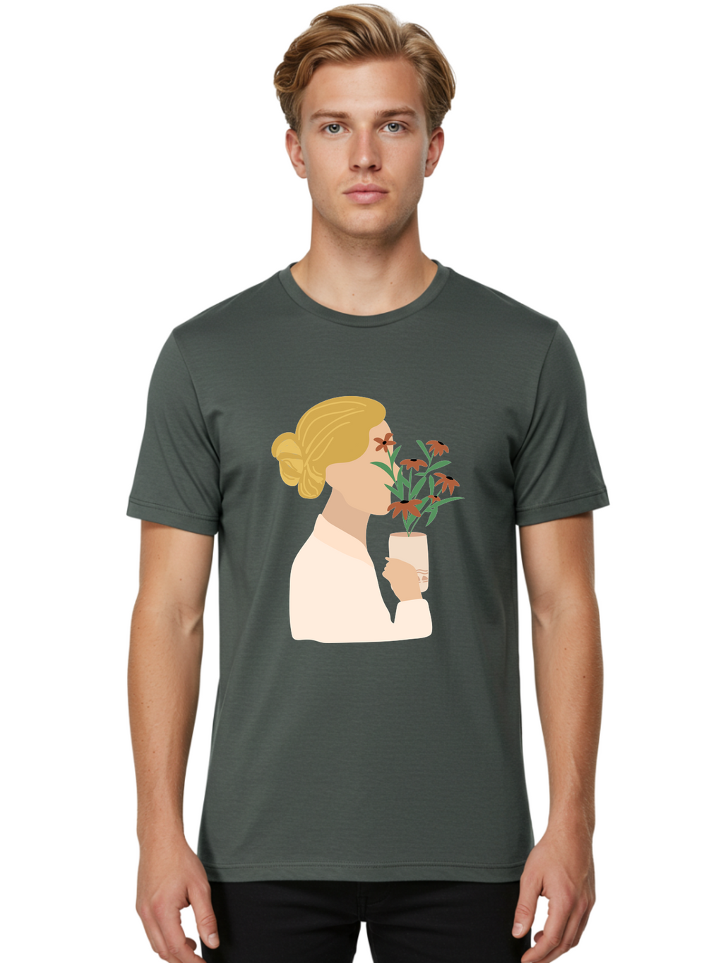 Woman-Smelling-Flowers Men'S Graphic Tee, 100% Cotton, Comfortable Casual Summer Wear, Machine Washable, Woman Smelling Flowers, Blossoming Blooms, Floral Beauty, Serene Atmosphere, Elegant Woman, Delicate Flowers, Calm Ambiance, Gentle Moment Aae069