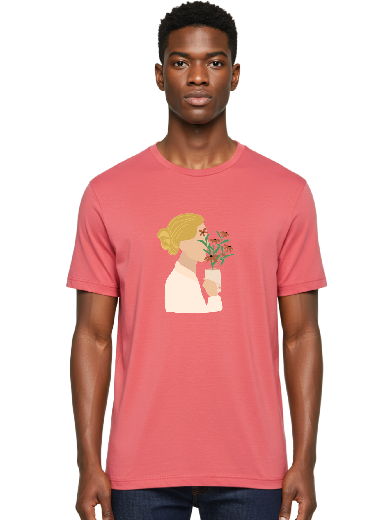 Woman-Smelling-Flowers Men'S Graphic Tee, 100% Cotton, Comfortable Casual Summer Wear, Machine Washable, Woman Smelling Flowers, Blossoming Blooms, Floral Beauty, Serene Atmosphere, Elegant Woman, Delicate Flowers, Calm Ambiance, Gentle Moment Aae069