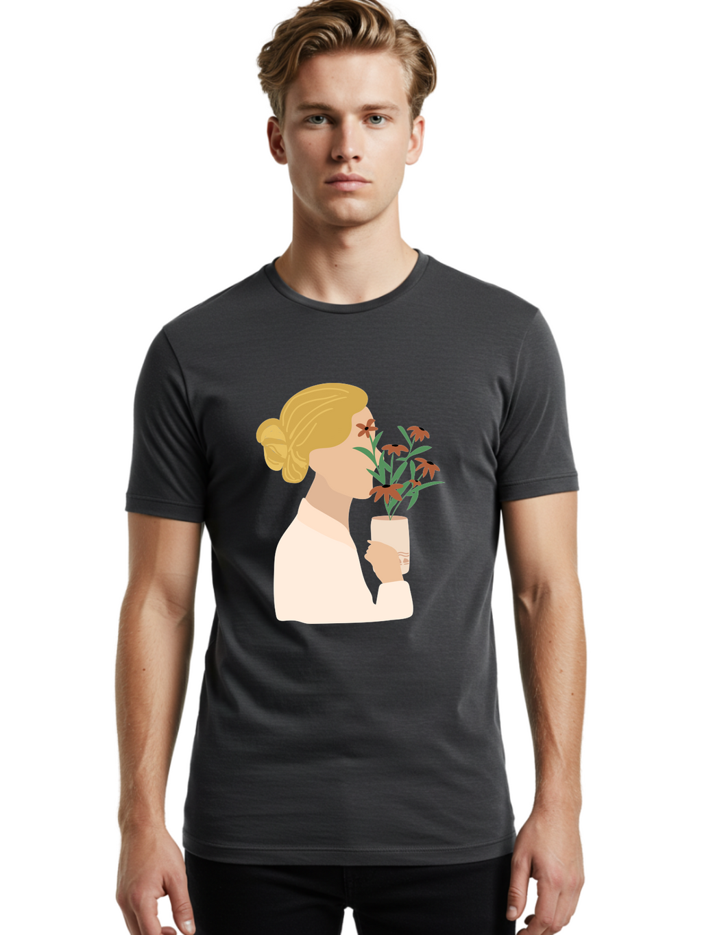 Woman-Smelling-Flowers Men'S Graphic Tee, 100% Cotton, Comfortable Casual Summer Wear, Machine Washable, Woman Smelling Flowers, Blossoming Blooms, Floral Beauty, Serene Atmosphere, Elegant Woman, Delicate Flowers, Calm Ambiance, Gentle Moment Aae069