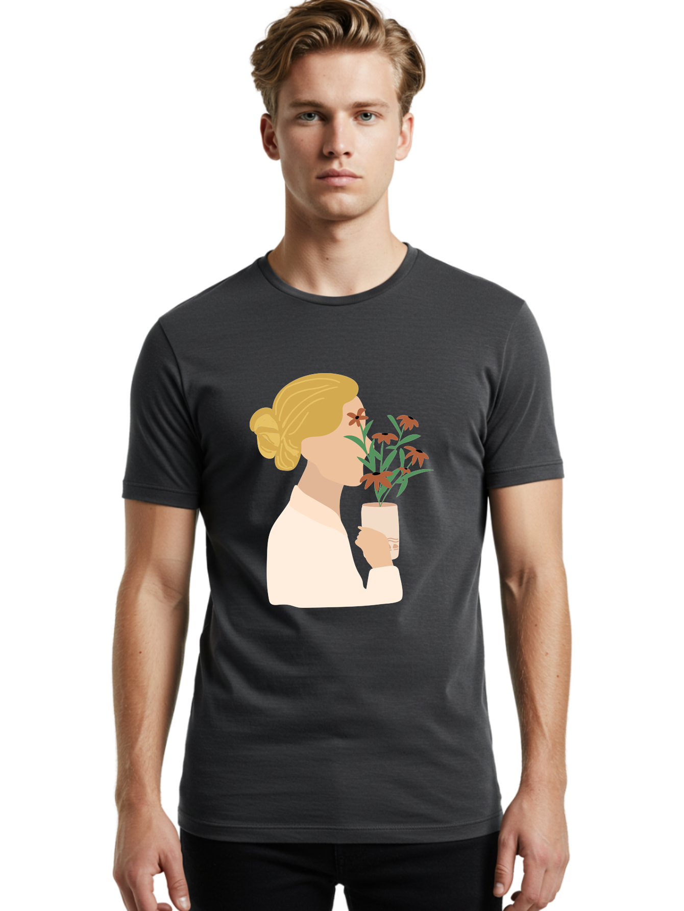Woman-Smelling-Flowers Men'S Graphic Tee, 100% Cotton, Comfortable Casual Summer Wear, Machine Washable, Woman Smelling Flowers, Blossoming Blooms, Floral Beauty, Serene Atmosphere, Elegant Woman, Delicate Flowers, Calm Ambiance, Gentle Moment Aae069