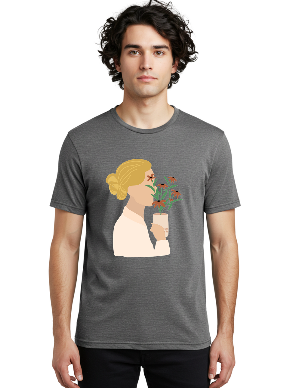 Woman-Smelling-Flowers Men'S Graphic Tee, 100% Cotton, Comfortable Casual Summer Wear, Machine Washable, Woman Smelling Flowers, Blossoming Blooms, Floral Beauty, Serene Atmosphere, Elegant Woman, Delicate Flowers, Calm Ambiance, Gentle Moment Aae069