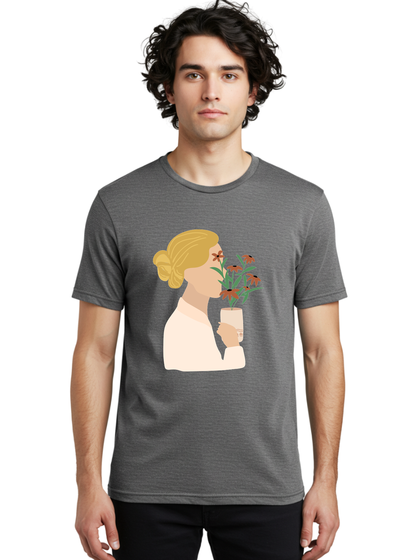 Woman-Smelling-Flowers Men'S Graphic Tee, 100% Cotton, Comfortable Casual Summer Wear, Machine Washable, Woman Smelling Flowers, Blossoming Blooms, Floral Beauty, Serene Atmosphere, Elegant Woman, Delicate Flowers, Calm Ambiance, Gentle Moment Aae069