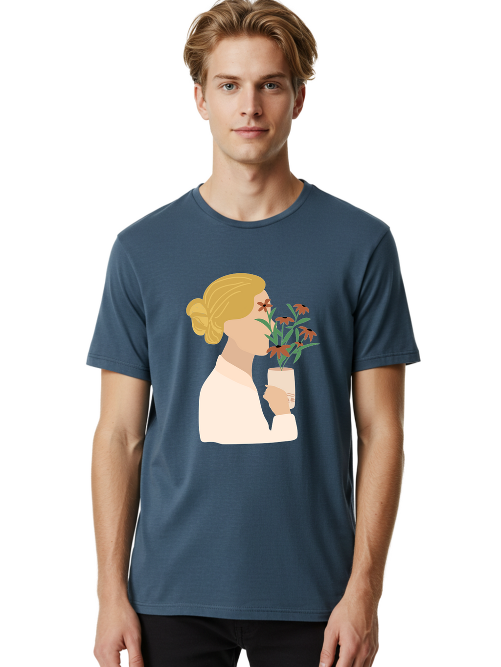 Woman-Smelling-Flowers Men'S Graphic Tee, 100% Cotton, Comfortable Casual Summer Wear, Machine Washable, Woman Smelling Flowers, Blossoming Blooms, Floral Beauty, Serene Atmosphere, Elegant Woman, Delicate Flowers, Calm Ambiance, Gentle Moment Aae069