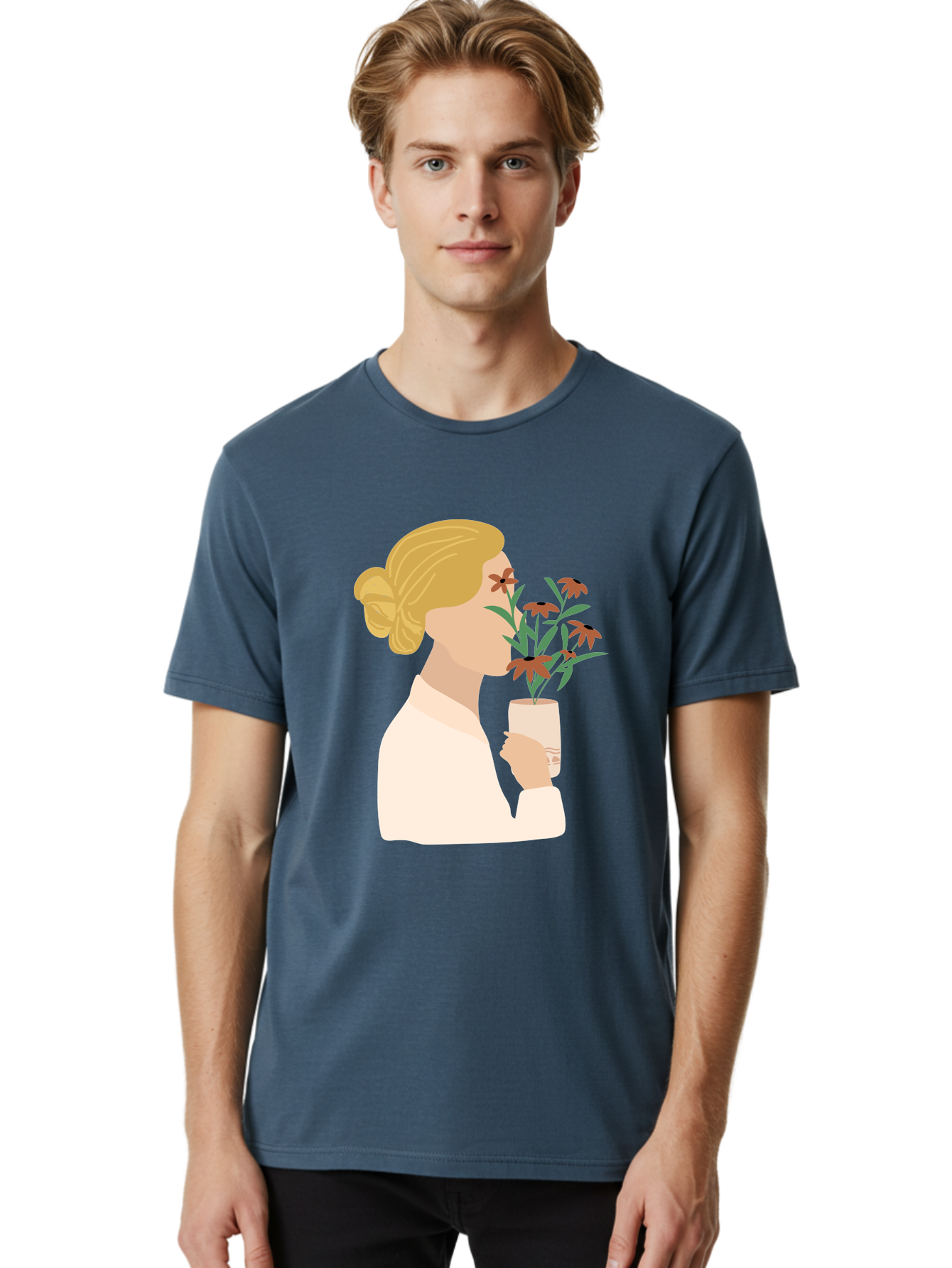 Woman-Smelling-Flowers Men'S Graphic Tee, 100% Cotton, Comfortable Casual Summer Wear, Machine Washable, Woman Smelling Flowers, Blossoming Blooms, Floral Beauty, Serene Atmosphere, Elegant Woman, Delicate Flowers, Calm Ambiance, Gentle Moment Aae069