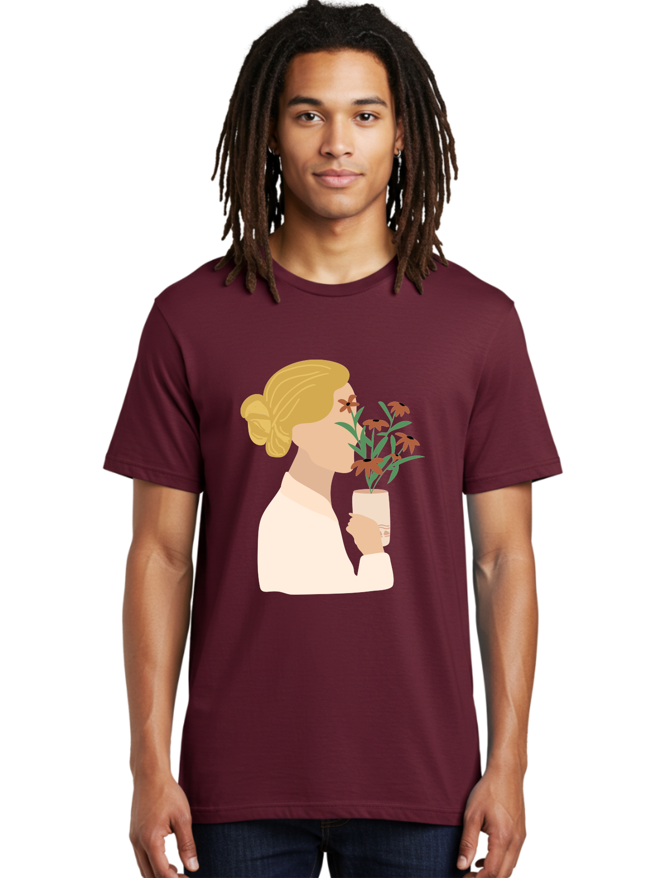 Woman-Smelling-Flowers Men'S Graphic Tee, 100% Cotton, Comfortable Casual Summer Wear, Machine Washable, Woman Smelling Flowers, Blossoming Blooms, Floral Beauty, Serene Atmosphere, Elegant Woman, Delicate Flowers, Calm Ambiance, Gentle Moment Aae069