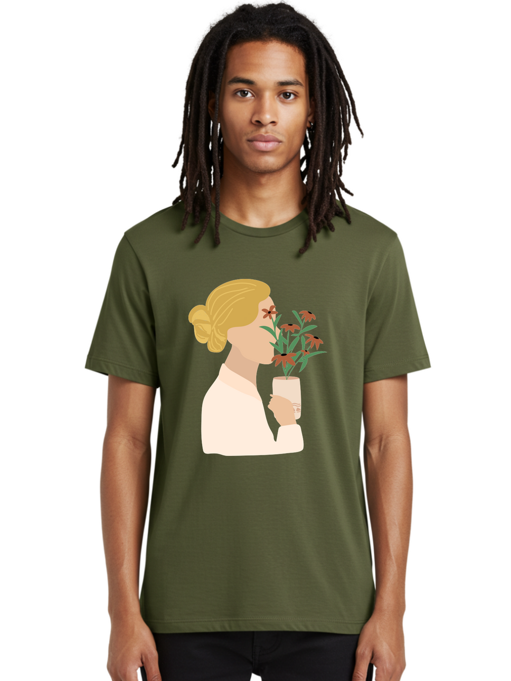 Woman-Smelling-Flowers Men'S Graphic Tee, 100% Cotton, Comfortable Casual Summer Wear, Machine Washable, Woman Smelling Flowers, Blossoming Blooms, Floral Beauty, Serene Atmosphere, Elegant Woman, Delicate Flowers, Calm Ambiance, Gentle Moment Aae069