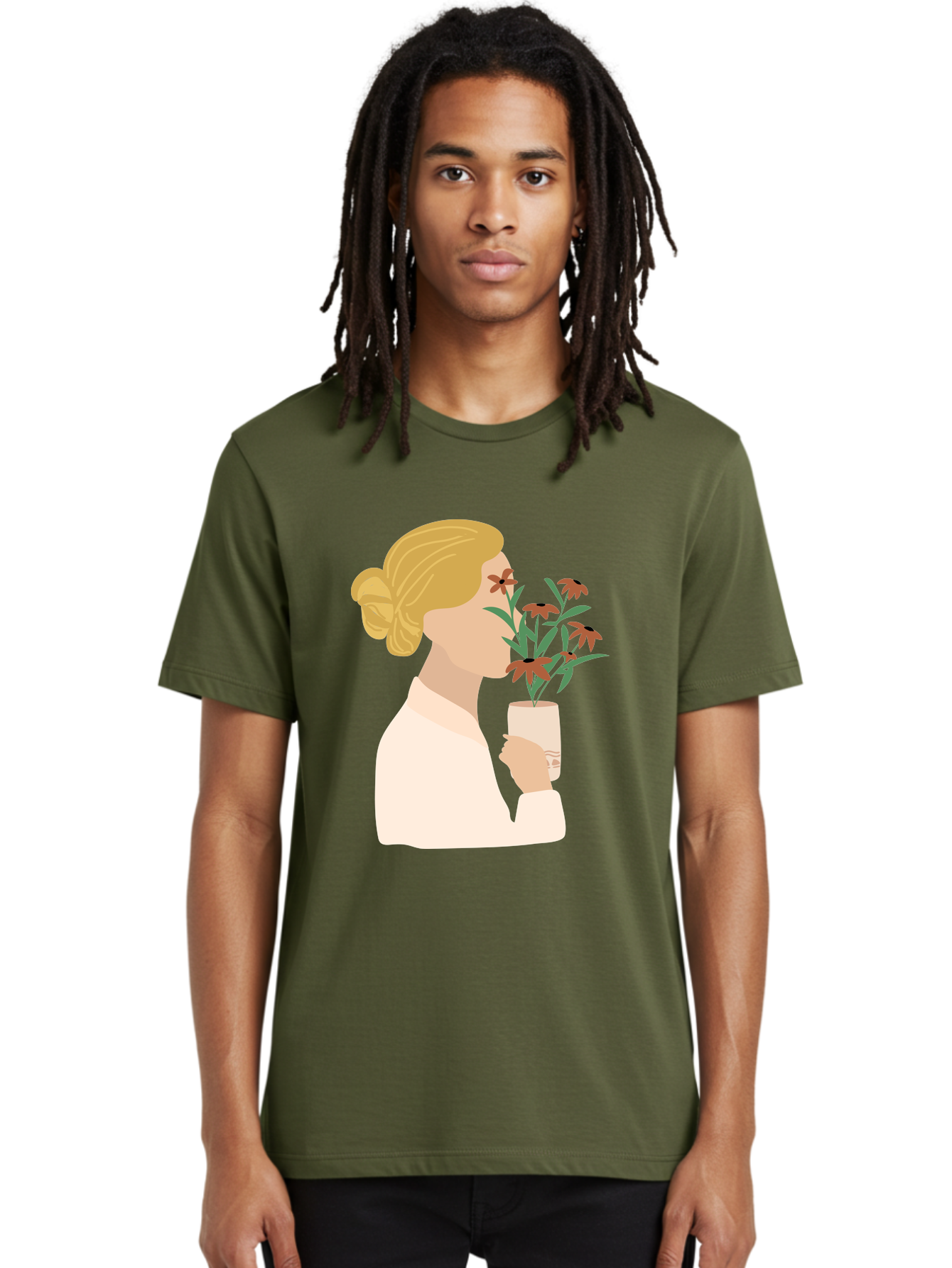 Woman-Smelling-Flowers Men'S Graphic Tee, 100% Cotton, Comfortable Casual Summer Wear, Machine Washable, Woman Smelling Flowers, Blossoming Blooms, Floral Beauty, Serene Atmosphere, Elegant Woman, Delicate Flowers, Calm Ambiance, Gentle Moment Aae069