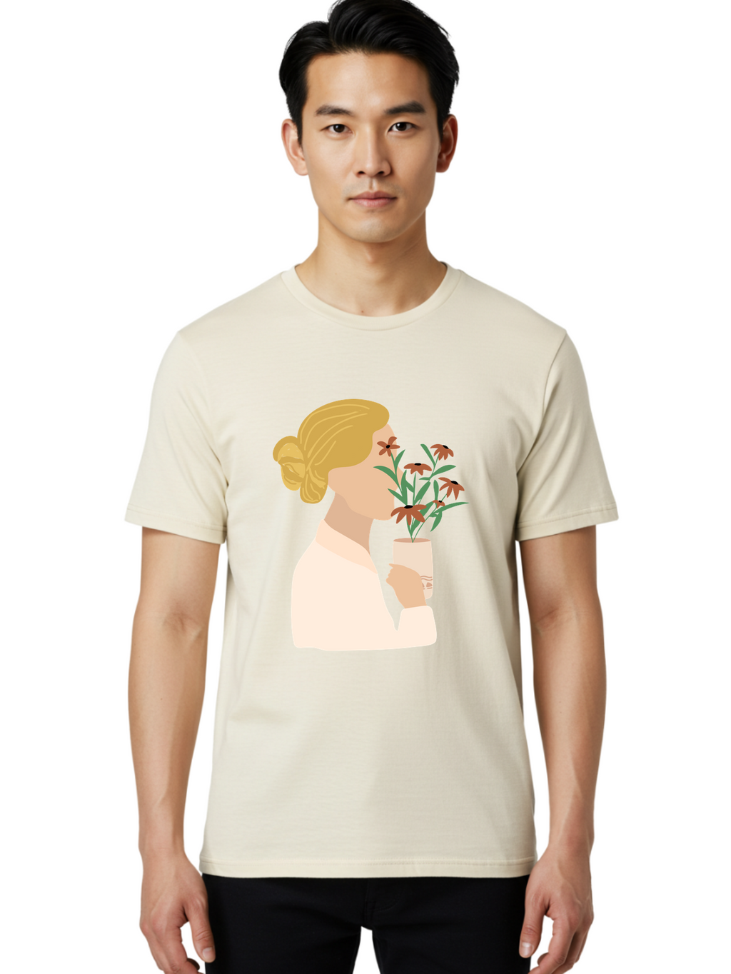 Woman-Smelling-Flowers Men'S Graphic Tee, 100% Cotton, Comfortable Casual Summer Wear, Machine Washable, Woman Smelling Flowers, Blossoming Blooms, Floral Beauty, Serene Atmosphere, Elegant Woman, Delicate Flowers, Calm Ambiance, Gentle Moment Aae069