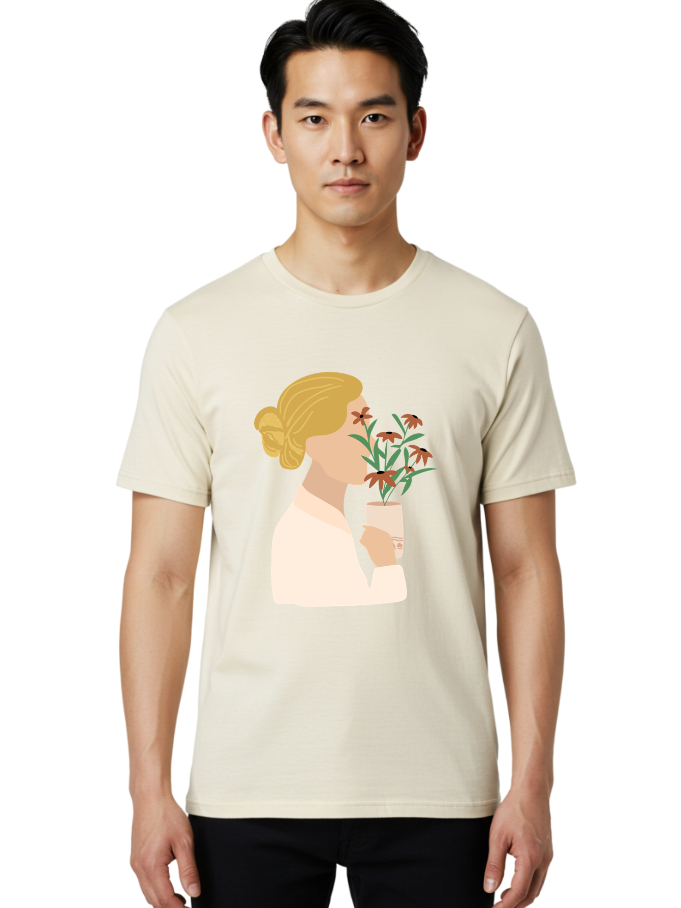 Woman-Smelling-Flowers Men'S Graphic Tee, 100% Cotton, Comfortable Casual Summer Wear, Machine Washable, Woman Smelling Flowers, Blossoming Blooms, Floral Beauty, Serene Atmosphere, Elegant Woman, Delicate Flowers, Calm Ambiance, Gentle Moment Aae069