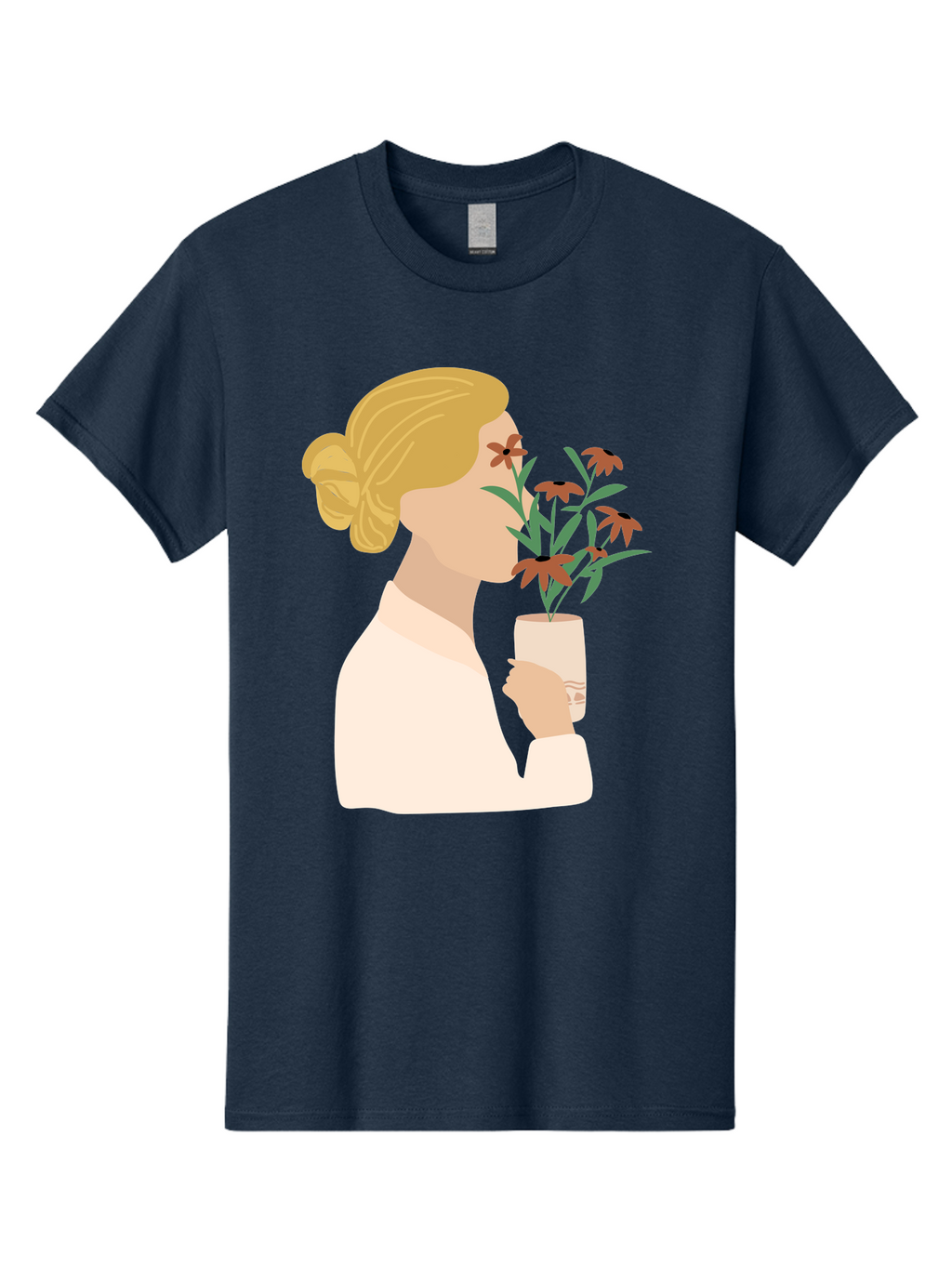 Woman-Smelling-Flowers Men'S Graphic Tee, 100% Cotton, Comfortable Casual Summer Wear, Machine Washable, Woman Smelling Flowers, Blossoming Blooms, Floral Beauty, Serene Atmosphere, Elegant Woman, Delicate Flowers, Calm Ambiance, Gentle Moment Aae069