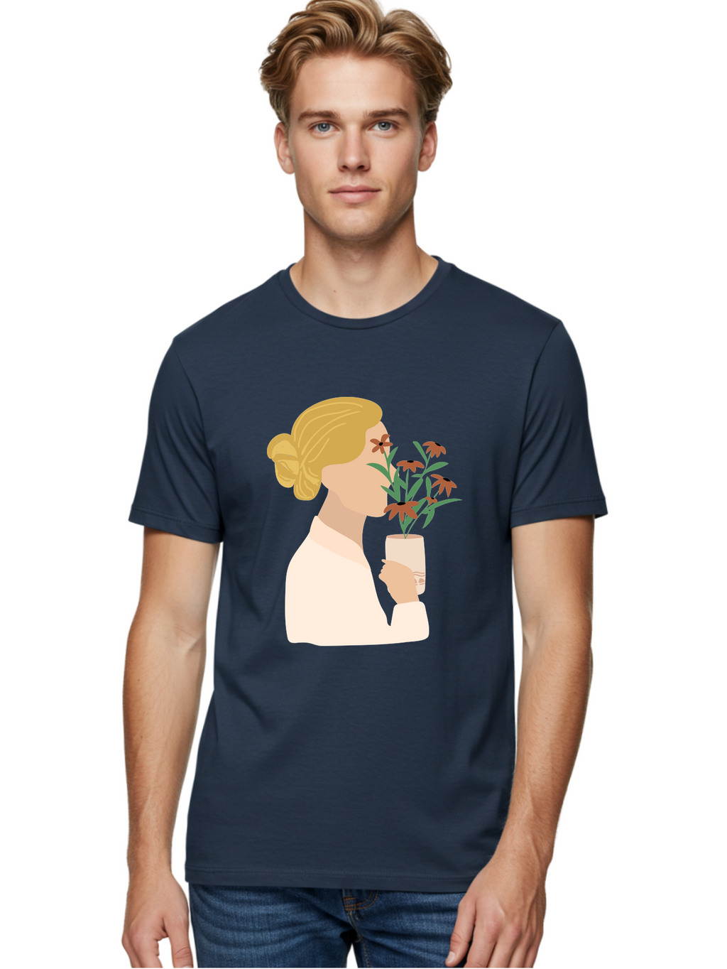 Woman-Smelling-Flowers Men'S Graphic Tee, 100% Cotton, Comfortable Casual Summer Wear, Machine Washable, Woman Smelling Flowers, Blossoming Blooms, Floral Beauty, Serene Atmosphere, Elegant Woman, Delicate Flowers, Calm Ambiance, Gentle Moment Aae069
