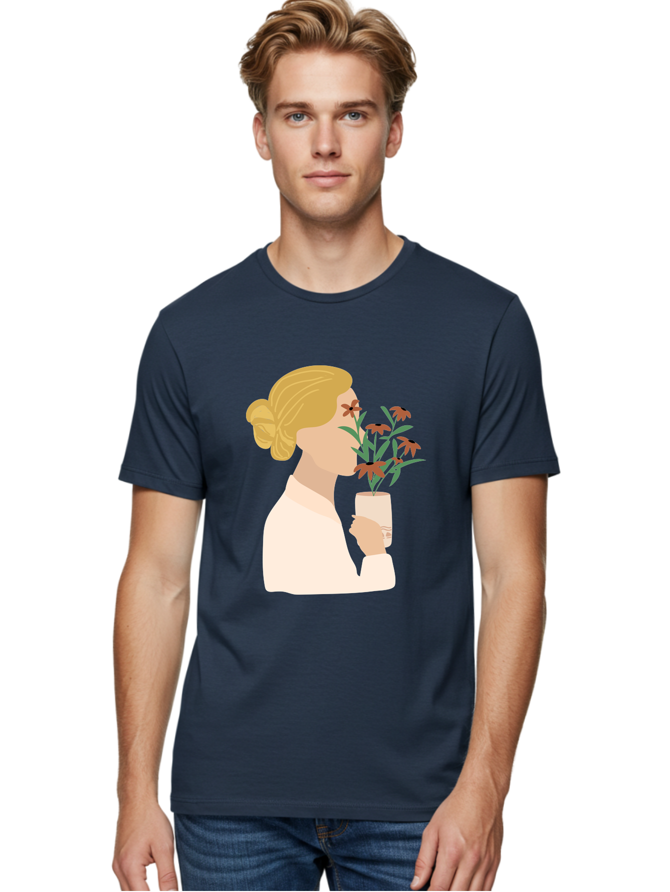 Woman-Smelling-Flowers Men'S Graphic Tee, 100% Cotton, Comfortable Casual Summer Wear, Machine Washable, Woman Smelling Flowers, Blossoming Blooms, Floral Beauty, Serene Atmosphere, Elegant Woman, Delicate Flowers, Calm Ambiance, Gentle Moment Aae069