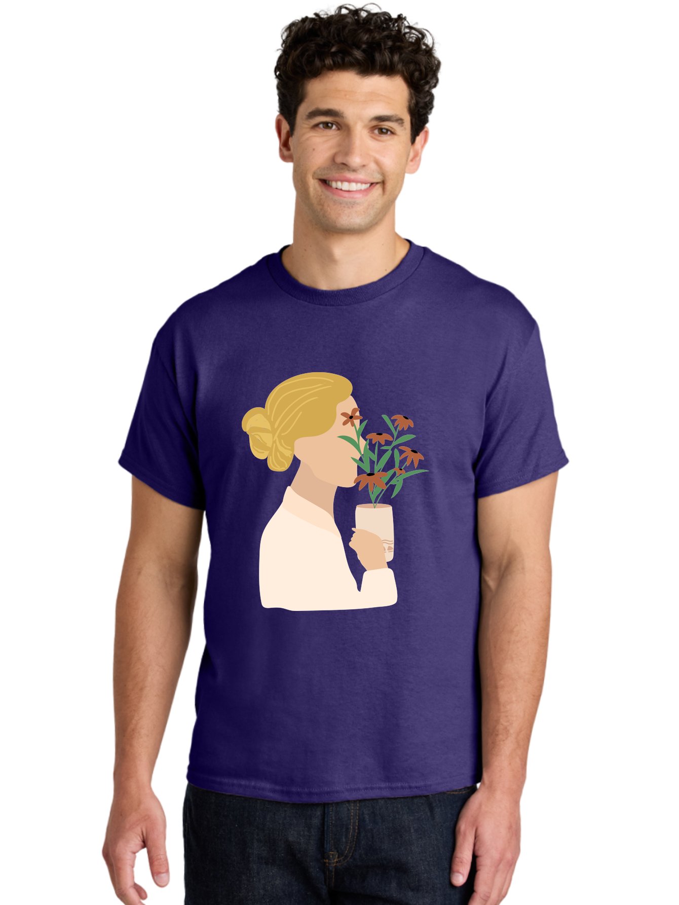 Woman-Smelling-Flowers Men'S Graphic Tee, 100% Cotton, Comfortable Casual Summer Wear, Machine Washable, Woman Smelling Flowers, Blossoming Blooms, Floral Beauty, Serene Atmosphere, Elegant Woman, Delicate Flowers, Calm Ambiance, Gentle Moment Aae069