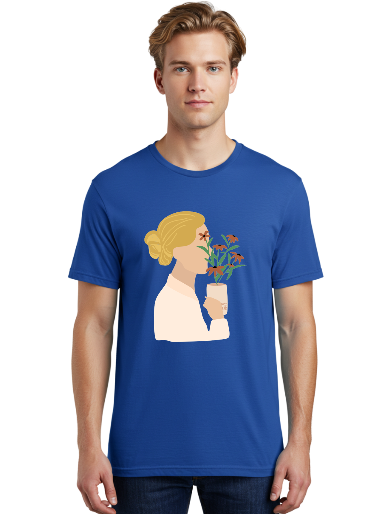 Woman-Smelling-Flowers Men'S Graphic Tee, 100% Cotton, Comfortable Casual Summer Wear, Machine Washable, Woman Smelling Flowers, Blossoming Blooms, Floral Beauty, Serene Atmosphere, Elegant Woman, Delicate Flowers, Calm Ambiance, Gentle Moment Aae069