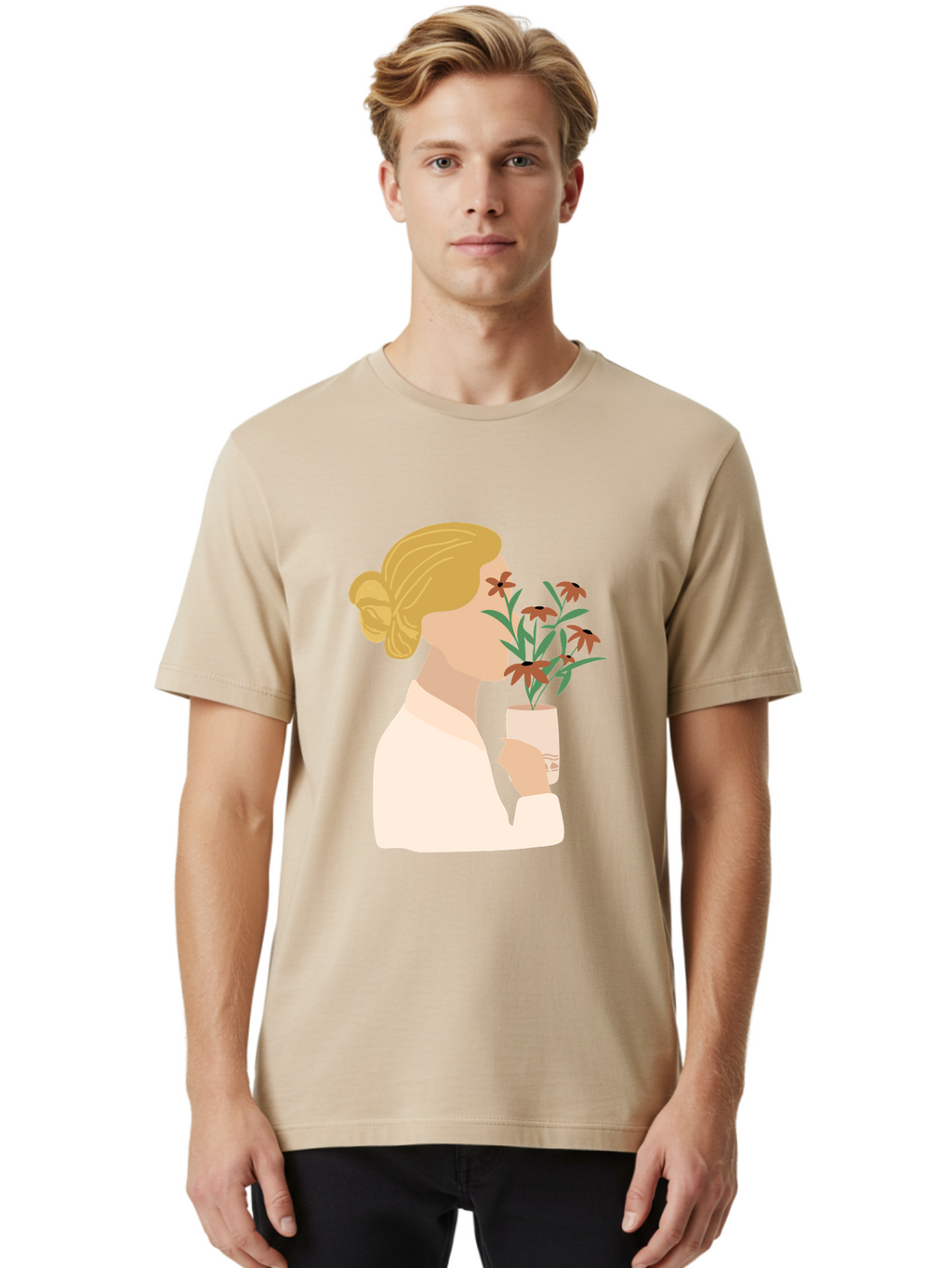 Woman-Smelling-Flowers Men'S Graphic Tee, 100% Cotton, Comfortable Casual Summer Wear, Machine Washable, Woman Smelling Flowers, Blossoming Blooms, Floral Beauty, Serene Atmosphere, Elegant Woman, Delicate Flowers, Calm Ambiance, Gentle Moment Aae069
