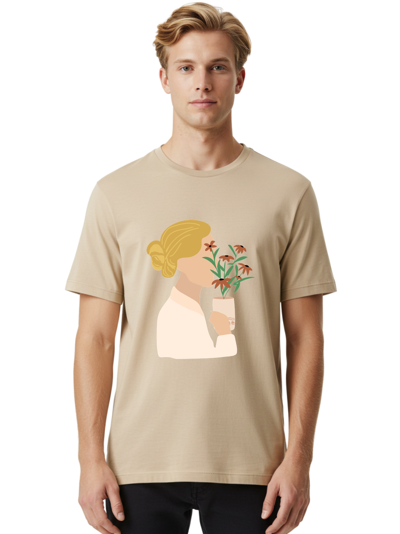 Woman-Smelling-Flowers Men'S Graphic Tee, 100% Cotton, Comfortable Casual Summer Wear, Machine Washable, Woman Smelling Flowers, Blossoming Blooms, Floral Beauty, Serene Atmosphere, Elegant Woman, Delicate Flowers, Calm Ambiance, Gentle Moment Aae069