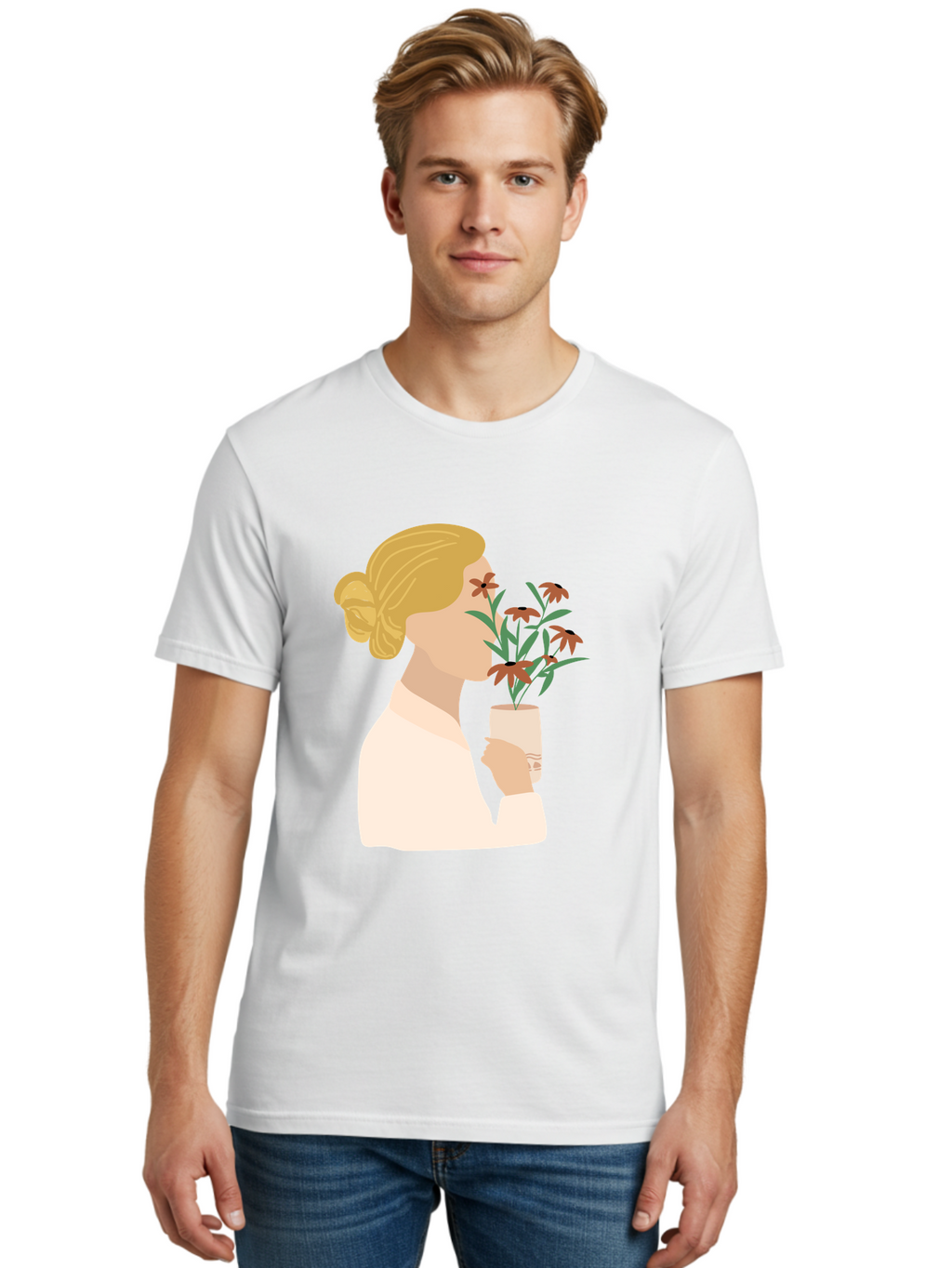 Woman-Smelling-Flowers Men'S Graphic Tee, 100% Cotton, Comfortable Casual Summer Wear, Machine Washable, Woman Smelling Flowers, Blossoming Blooms, Floral Beauty, Serene Atmosphere, Elegant Woman, Delicate Flowers, Calm Ambiance, Gentle Moment Aae069