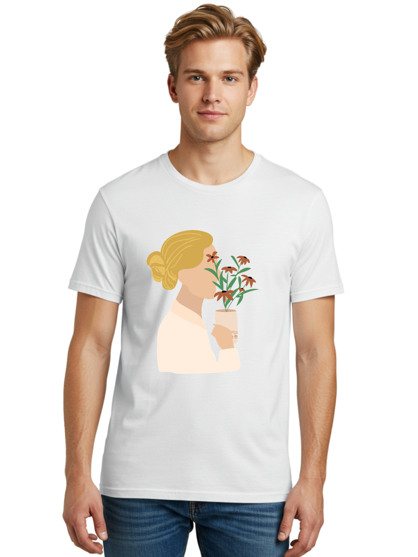Woman-Smelling-Flowers Men'S Graphic Tee, 100% Cotton, Comfortable Casual Summer Wear, Machine Washable, Woman Smelling Flowers, Blossoming Blooms, Floral Beauty, Serene Atmosphere, Elegant Woman, Delicate Flowers, Calm Ambiance, Gentle Moment Aae069