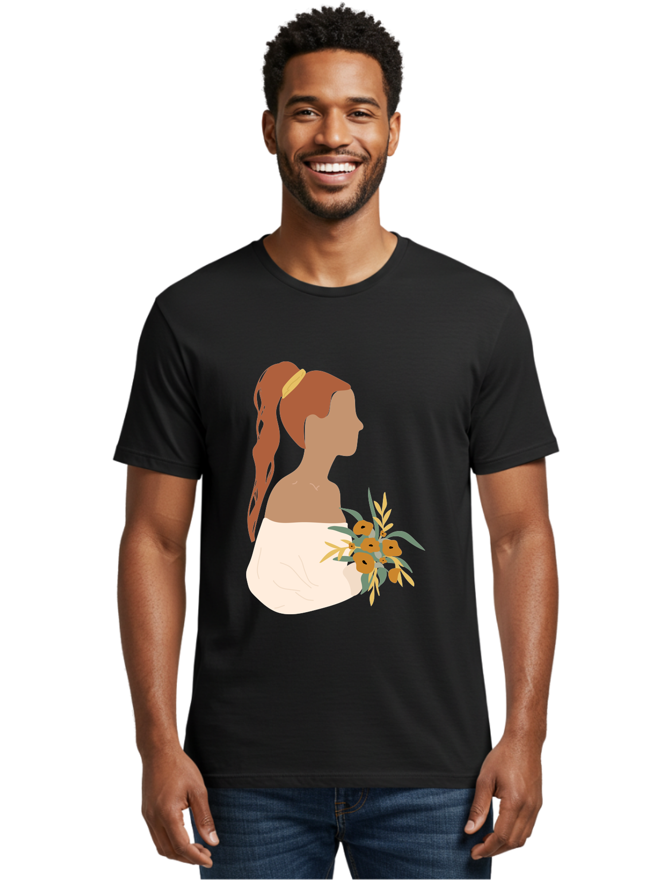 Woman-With-Bouquet Men'S Graphic Tee, 100% Cotton, Comfortable Casual Summer Wear, Machine Washable, Woman In White Dress, Bouquet Of Flowers, Brown Hair, Off-The-Shoulder Neckline, Elegant Hairstyle, Golden Hairband, Yellow Flowers, Aae070