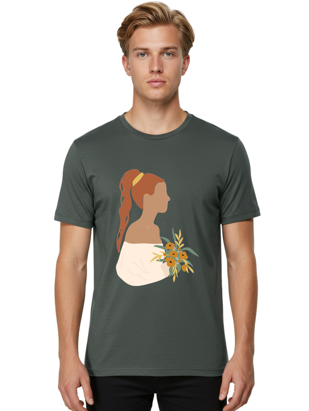 Woman-With-Bouquet Men'S Graphic Tee, 100% Cotton, Comfortable Casual Summer Wear, Machine Washable, Woman In White Dress, Bouquet Of Flowers, Brown Hair, Off-The-Shoulder Neckline, Elegant Hairstyle, Golden Hairband, Yellow Flowers, Aae070