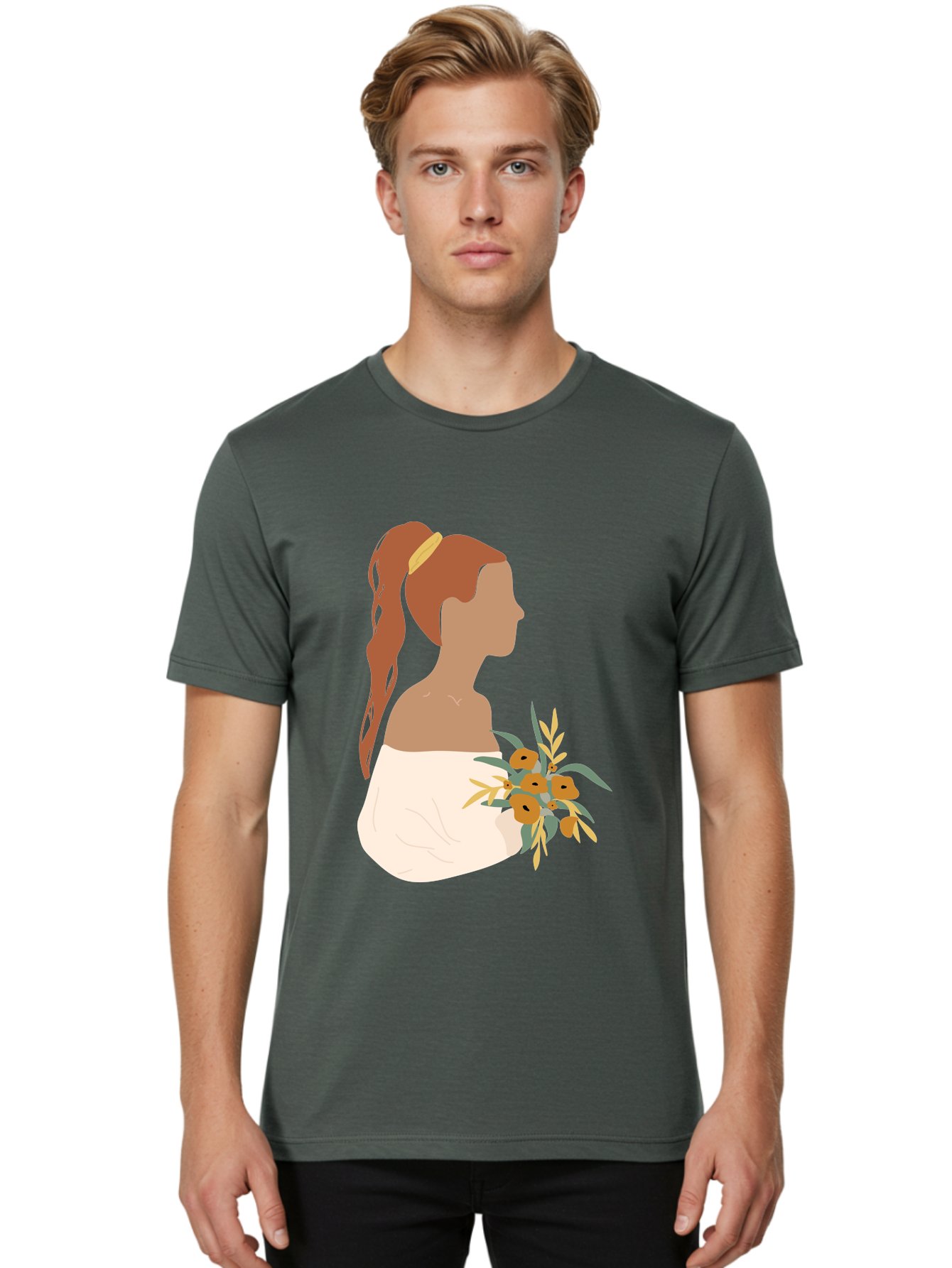 Woman-With-Bouquet Men'S Graphic Tee, 100% Cotton, Comfortable Casual Summer Wear, Machine Washable, Woman In White Dress, Bouquet Of Flowers, Brown Hair, Off-The-Shoulder Neckline, Elegant Hairstyle, Golden Hairband, Yellow Flowers, Aae070