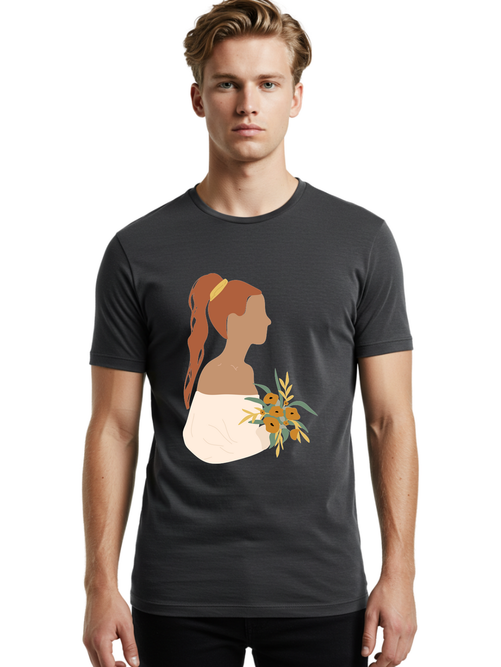 Woman-With-Bouquet Men'S Graphic Tee, 100% Cotton, Comfortable Casual Summer Wear, Machine Washable, Woman In White Dress, Bouquet Of Flowers, Brown Hair, Off-The-Shoulder Neckline, Elegant Hairstyle, Golden Hairband, Yellow Flowers, Aae070