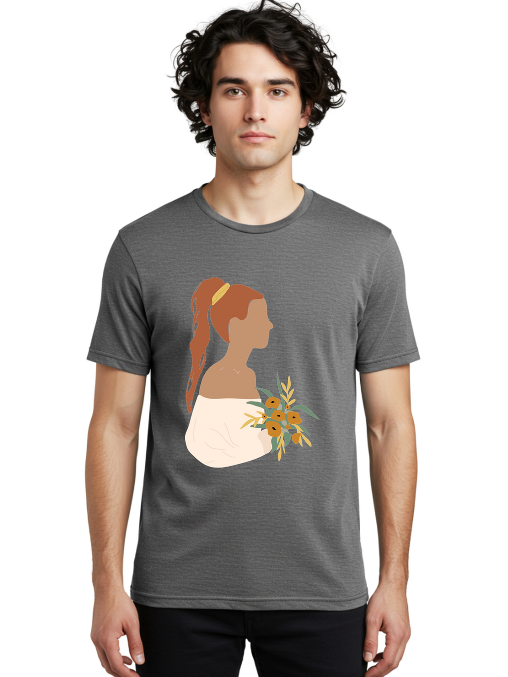 Woman-With-Bouquet Men'S Graphic Tee, 100% Cotton, Comfortable Casual Summer Wear, Machine Washable, Woman In White Dress, Bouquet Of Flowers, Brown Hair, Off-The-Shoulder Neckline, Elegant Hairstyle, Golden Hairband, Yellow Flowers, Aae070