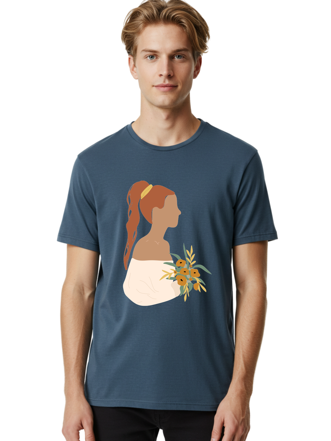 Woman-With-Bouquet Men'S Graphic Tee, 100% Cotton, Comfortable Casual Summer Wear, Machine Washable, Woman In White Dress, Bouquet Of Flowers, Brown Hair, Off-The-Shoulder Neckline, Elegant Hairstyle, Golden Hairband, Yellow Flowers, Aae070