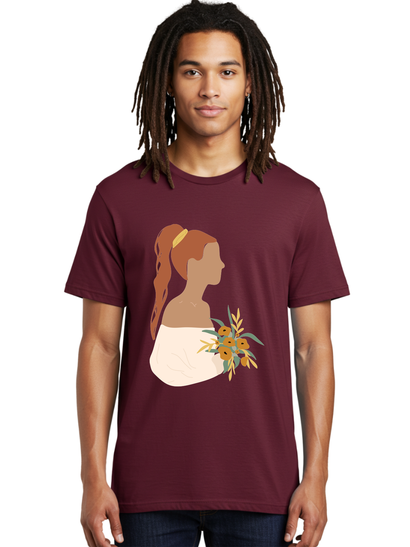 Woman-With-Bouquet Men'S Graphic Tee, 100% Cotton, Comfortable Casual Summer Wear, Machine Washable, Woman In White Dress, Bouquet Of Flowers, Brown Hair, Off-The-Shoulder Neckline, Elegant Hairstyle, Golden Hairband, Yellow Flowers, Aae070