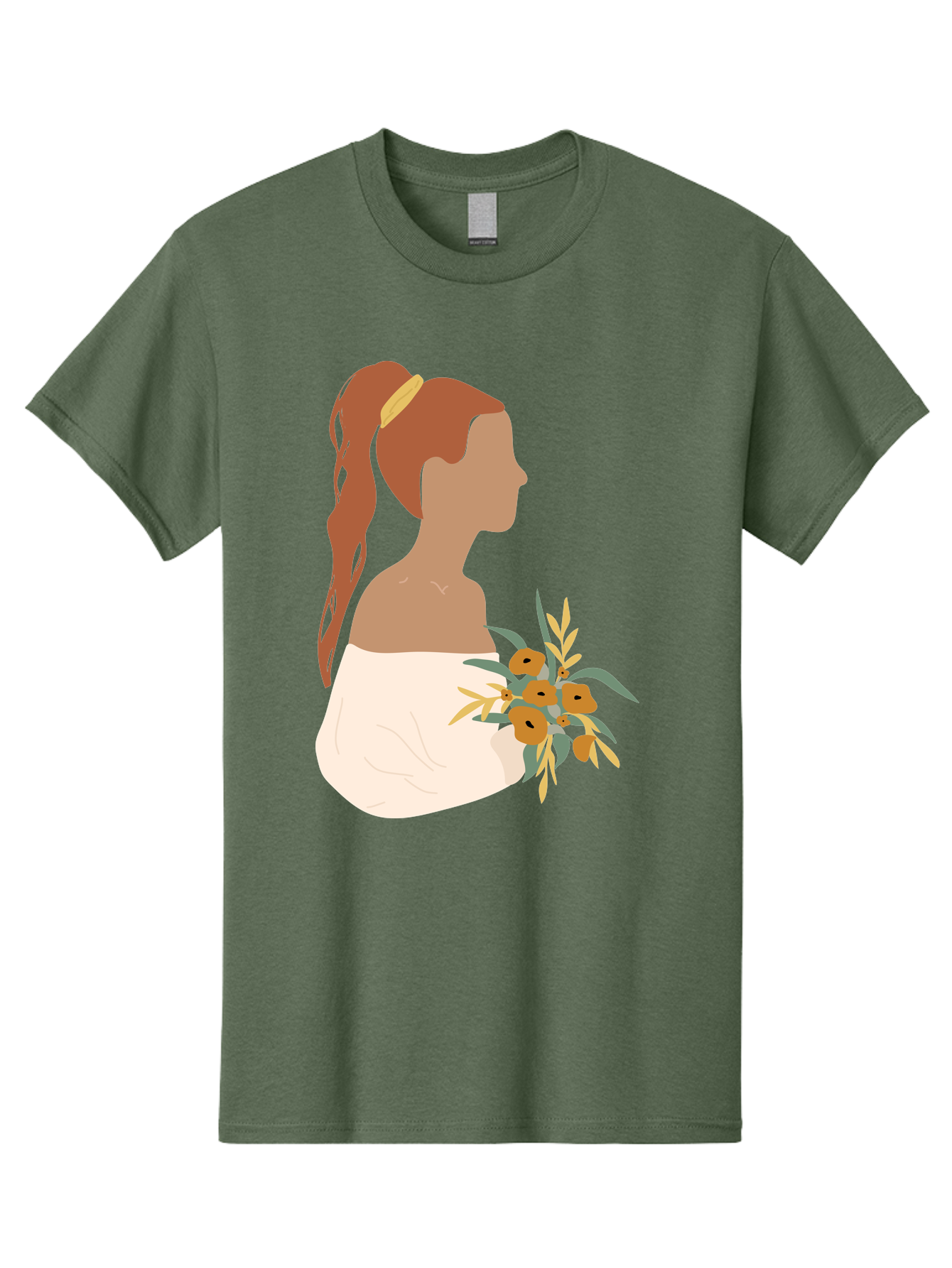 Woman-With-Bouquet Men'S Graphic Tee, 100% Cotton, Comfortable Casual Summer Wear, Machine Washable, Woman In White Dress, Bouquet Of Flowers, Brown Hair, Off-The-Shoulder Neckline, Elegant Hairstyle, Golden Hairband, Yellow Flowers, Aae070