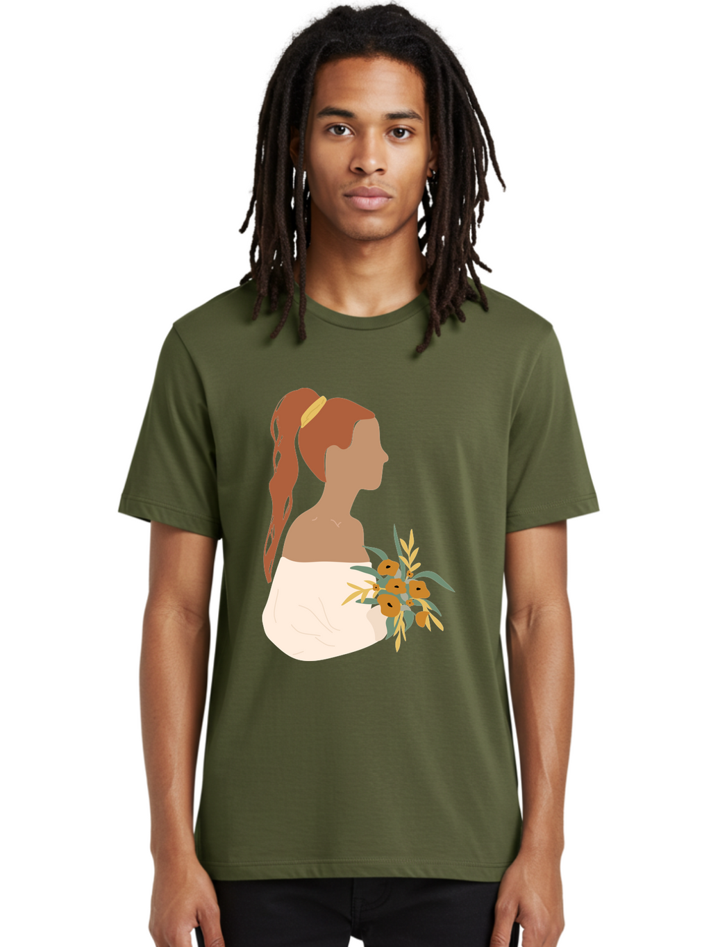 Woman-With-Bouquet Men'S Graphic Tee, 100% Cotton, Comfortable Casual Summer Wear, Machine Washable, Woman In White Dress, Bouquet Of Flowers, Brown Hair, Off-The-Shoulder Neckline, Elegant Hairstyle, Golden Hairband, Yellow Flowers, Aae070