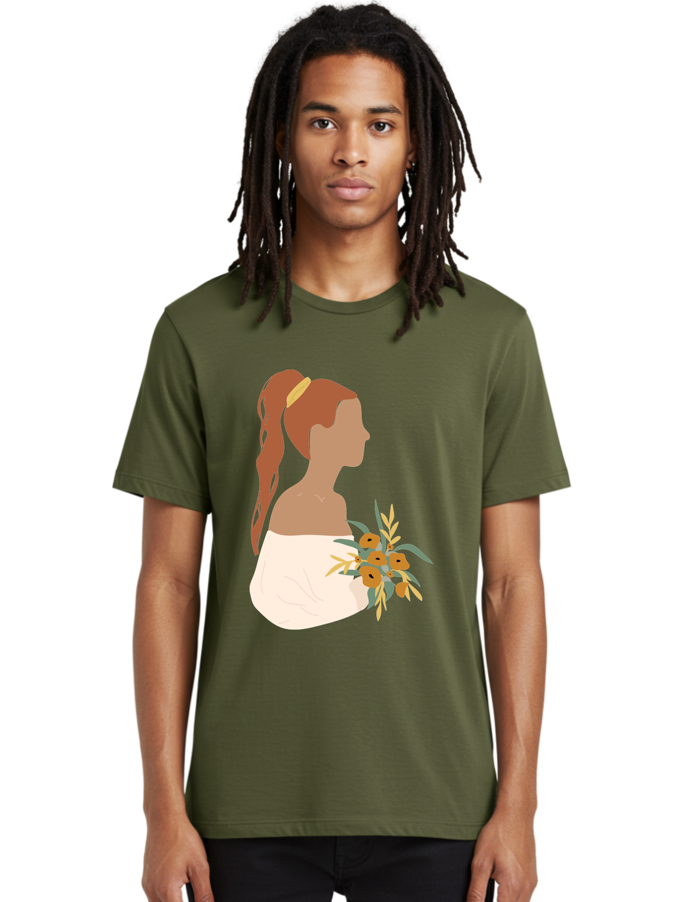 Woman-With-Bouquet Men'S Graphic Tee, 100% Cotton, Comfortable Casual Summer Wear, Machine Washable, Woman In White Dress, Bouquet Of Flowers, Brown Hair, Off-The-Shoulder Neckline, Elegant Hairstyle, Golden Hairband, Yellow Flowers, Aae070