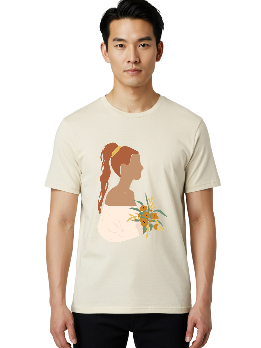 Woman-With-Bouquet Men'S Graphic Tee, 100% Cotton, Comfortable Casual Summer Wear, Machine Washable, Woman In White Dress, Bouquet Of Flowers, Brown Hair, Off-The-Shoulder Neckline, Elegant Hairstyle, Golden Hairband, Yellow Flowers, Aae070