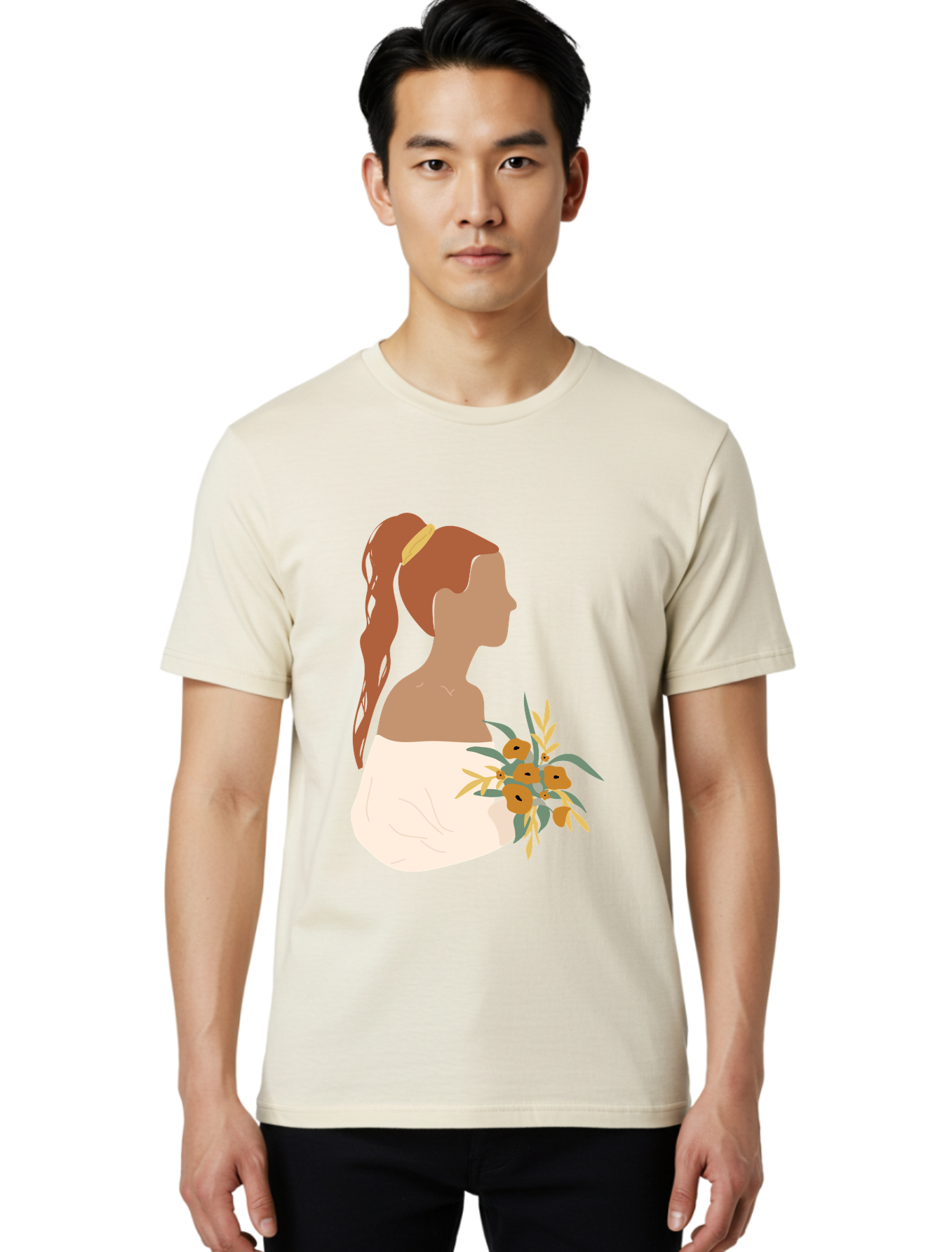 Woman-With-Bouquet Men'S Graphic Tee, 100% Cotton, Comfortable Casual Summer Wear, Machine Washable, Woman In White Dress, Bouquet Of Flowers, Brown Hair, Off-The-Shoulder Neckline, Elegant Hairstyle, Golden Hairband, Yellow Flowers, Aae070