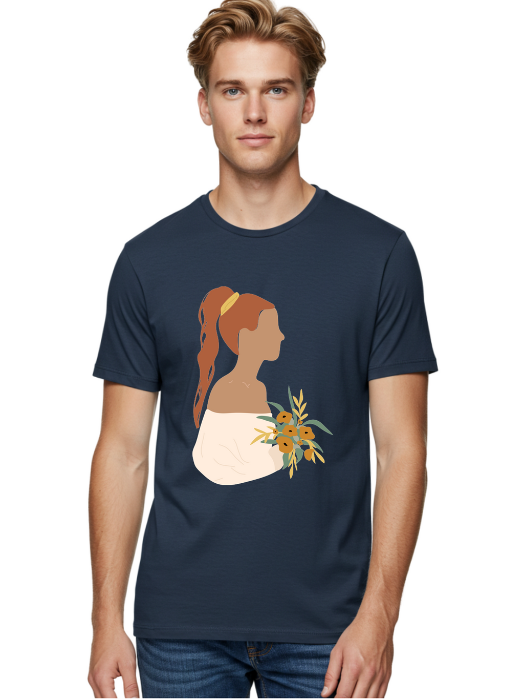 Woman-With-Bouquet Men'S Graphic Tee, 100% Cotton, Comfortable Casual Summer Wear, Machine Washable, Woman In White Dress, Bouquet Of Flowers, Brown Hair, Off-The-Shoulder Neckline, Elegant Hairstyle, Golden Hairband, Yellow Flowers, Aae070