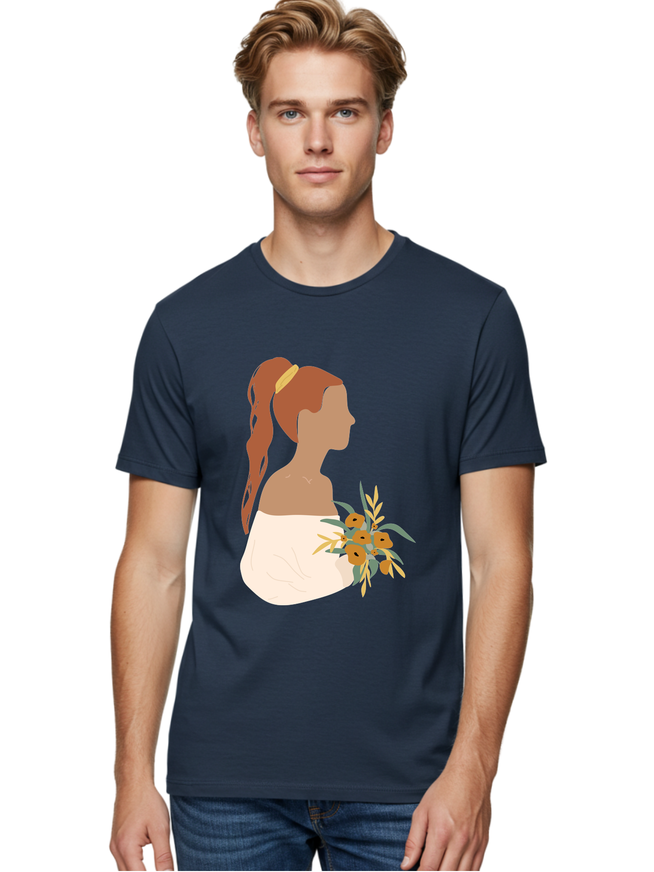 Woman-With-Bouquet Men'S Graphic Tee, 100% Cotton, Comfortable Casual Summer Wear, Machine Washable, Woman In White Dress, Bouquet Of Flowers, Brown Hair, Off-The-Shoulder Neckline, Elegant Hairstyle, Golden Hairband, Yellow Flowers, Aae070