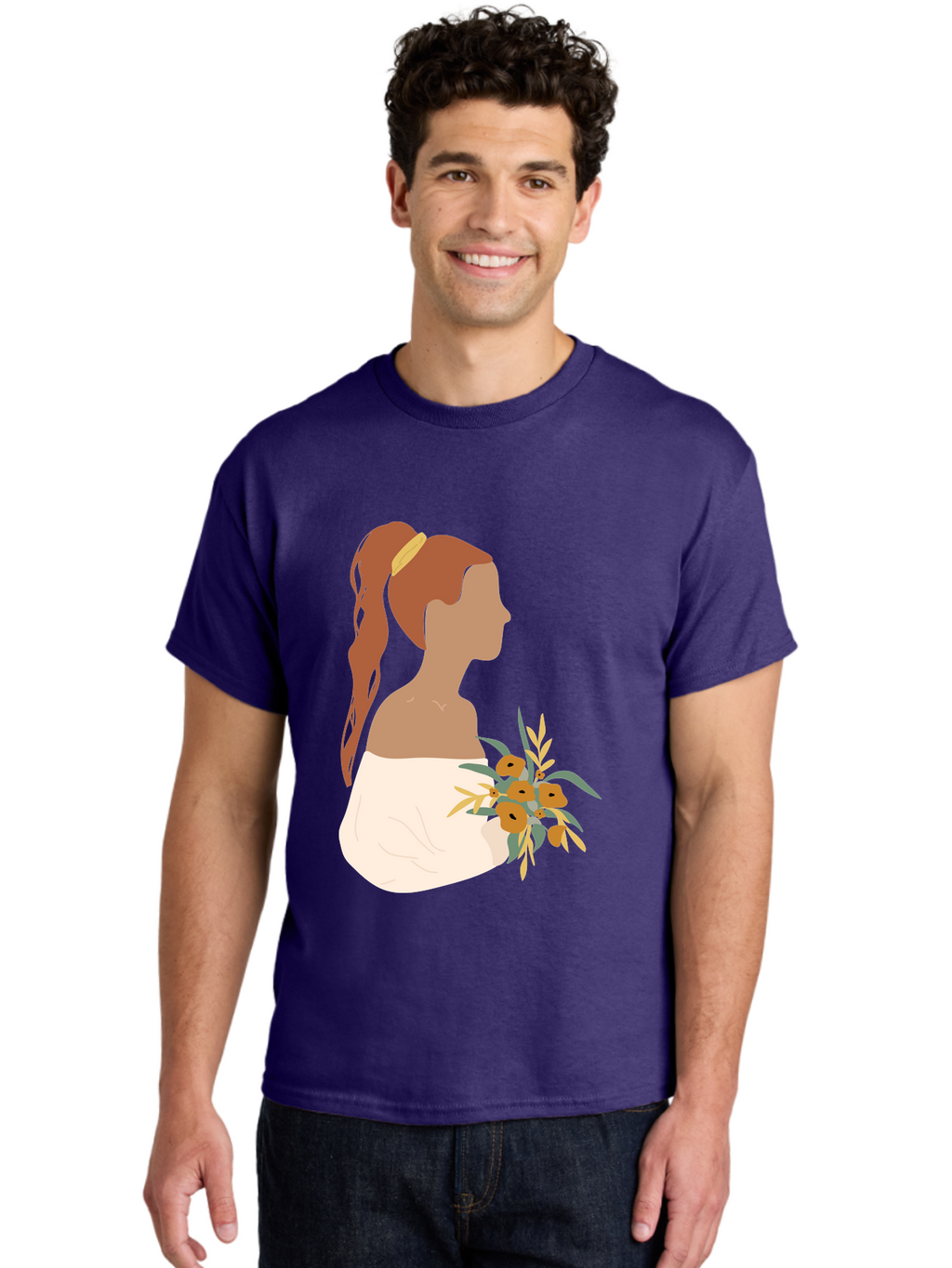 Woman-With-Bouquet Men'S Graphic Tee, 100% Cotton, Comfortable Casual Summer Wear, Machine Washable, Woman In White Dress, Bouquet Of Flowers, Brown Hair, Off-The-Shoulder Neckline, Elegant Hairstyle, Golden Hairband, Yellow Flowers, Aae070