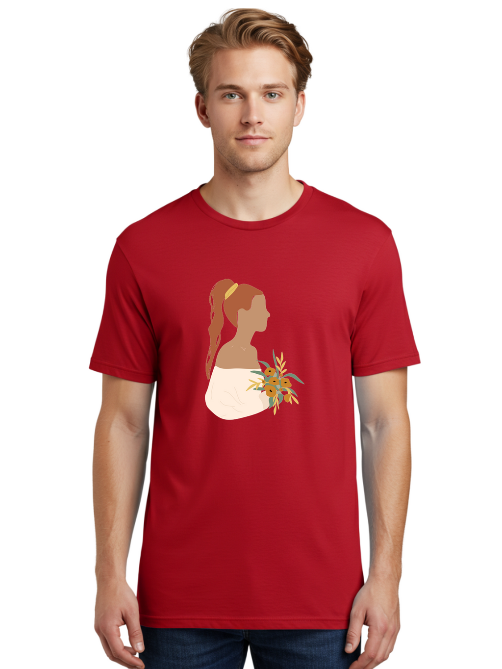 Woman-With-Bouquet Men'S Graphic Tee, 100% Cotton, Comfortable Casual Summer Wear, Machine Washable, Woman In White Dress, Bouquet Of Flowers, Brown Hair, Off-The-Shoulder Neckline, Elegant Hairstyle, Golden Hairband, Yellow Flowers, Aae070