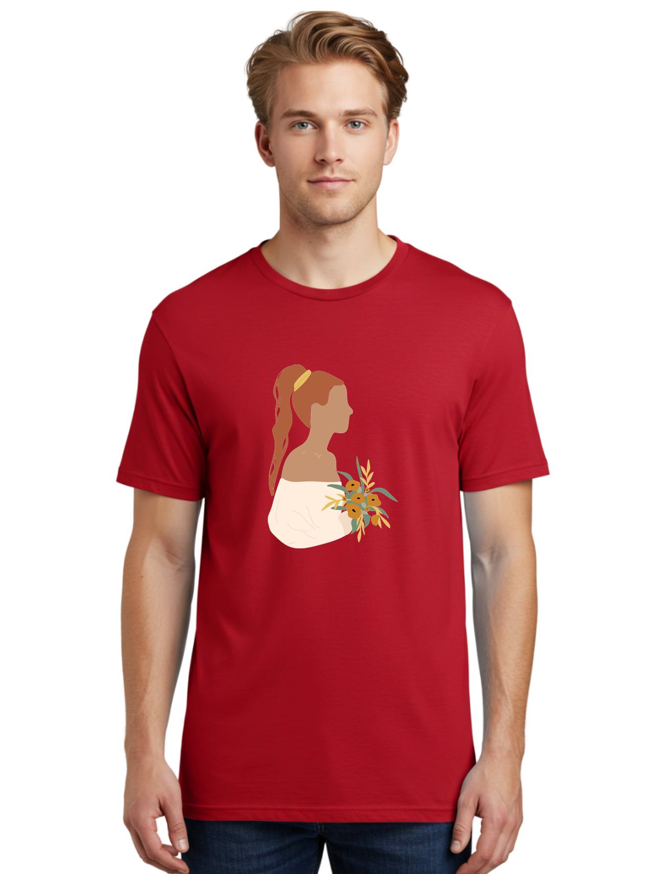 Woman-With-Bouquet Men'S Graphic Tee, 100% Cotton, Comfortable Casual Summer Wear, Machine Washable, Woman In White Dress, Bouquet Of Flowers, Brown Hair, Off-The-Shoulder Neckline, Elegant Hairstyle, Golden Hairband, Yellow Flowers, Aae070