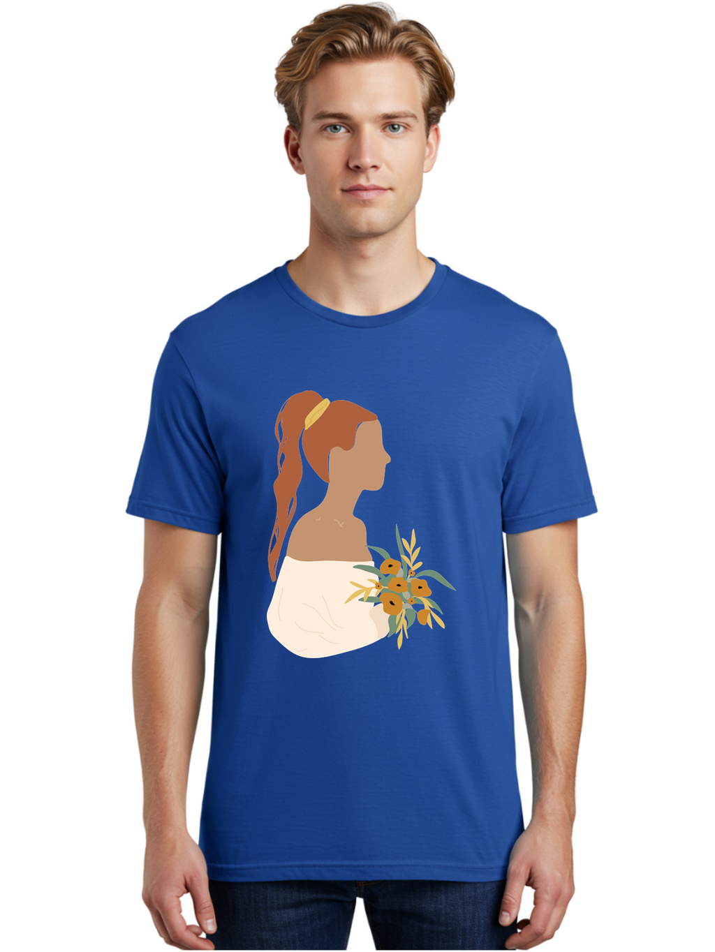 Woman-With-Bouquet Men'S Graphic Tee, 100% Cotton, Comfortable Casual Summer Wear, Machine Washable, Woman In White Dress, Bouquet Of Flowers, Brown Hair, Off-The-Shoulder Neckline, Elegant Hairstyle, Golden Hairband, Yellow Flowers, Aae070