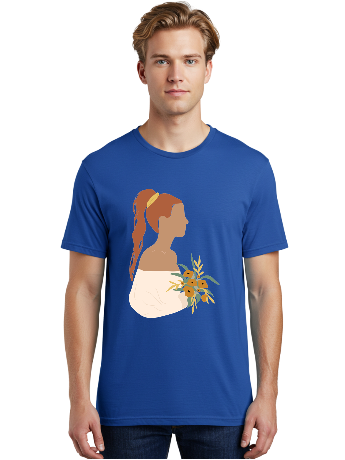 Woman-With-Bouquet Men'S Graphic Tee, 100% Cotton, Comfortable Casual Summer Wear, Machine Washable, Woman In White Dress, Bouquet Of Flowers, Brown Hair, Off-The-Shoulder Neckline, Elegant Hairstyle, Golden Hairband, Yellow Flowers, Aae070
