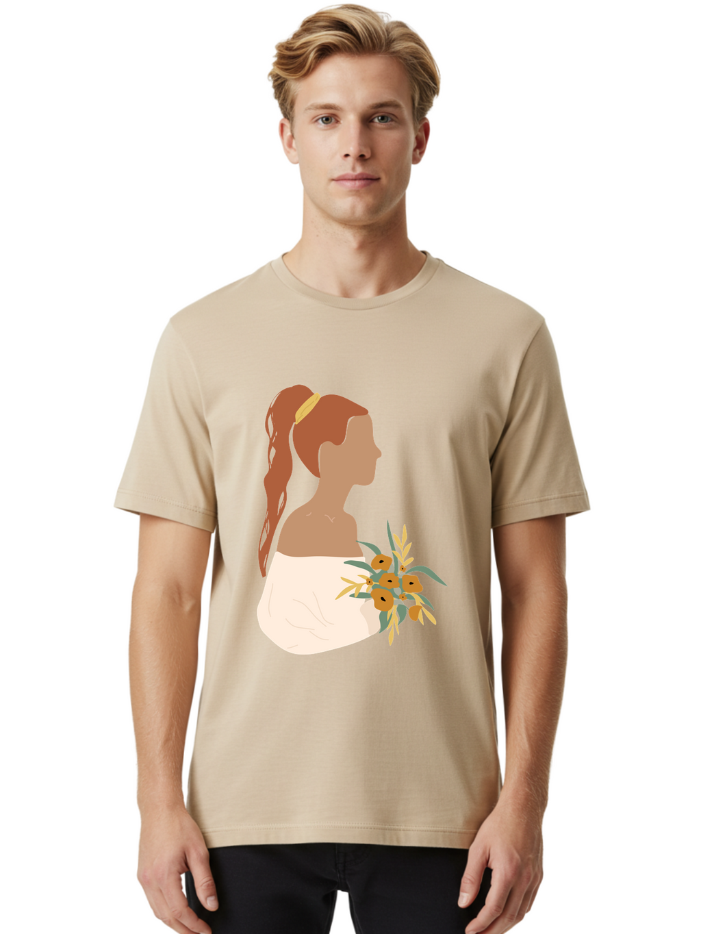 Woman-With-Bouquet Men'S Graphic Tee, 100% Cotton, Comfortable Casual Summer Wear, Machine Washable, Woman In White Dress, Bouquet Of Flowers, Brown Hair, Off-The-Shoulder Neckline, Elegant Hairstyle, Golden Hairband, Yellow Flowers, Aae070