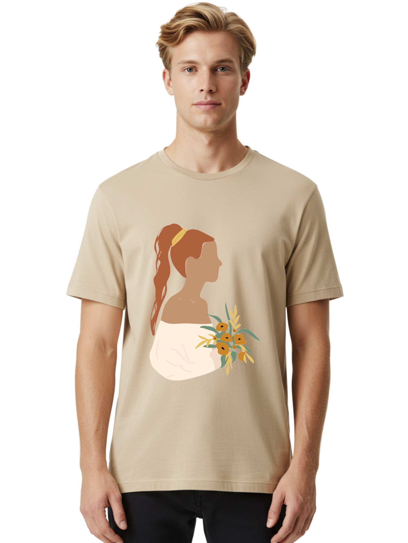 Woman-With-Bouquet Men'S Graphic Tee, 100% Cotton, Comfortable Casual Summer Wear, Machine Washable, Woman In White Dress, Bouquet Of Flowers, Brown Hair, Off-The-Shoulder Neckline, Elegant Hairstyle, Golden Hairband, Yellow Flowers, Aae070