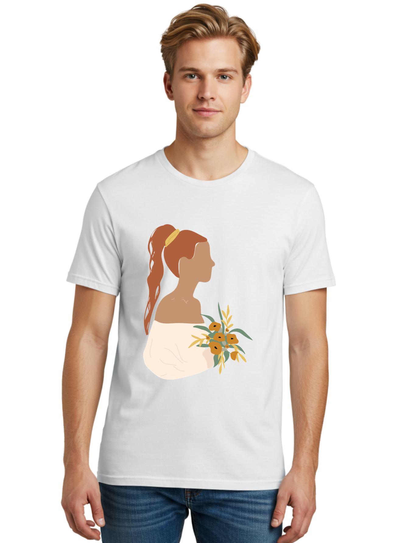 Woman-With-Bouquet Men'S Graphic Tee, 100% Cotton, Comfortable Casual Summer Wear, Machine Washable, Woman In White Dress, Bouquet Of Flowers, Brown Hair, Off-The-Shoulder Neckline, Elegant Hairstyle, Golden Hairband, Yellow Flowers, Aae070