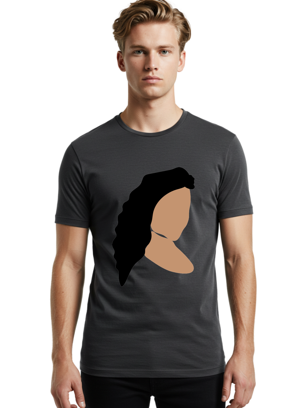 Woman-With-Faceless-Profile Men'S Graphic Tee, 100% Cotton, Comfortable Casual Summer Wear, Machine Washable, Woman With Long Hair, Female Profile, Abstract Portrait, Minimalist Design, Modern Art, Digital Illustration, Simple Shapes, Aae071